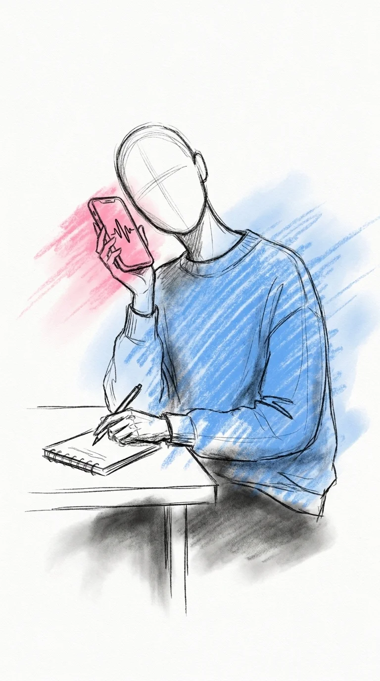 Person som lutar sig in mot en smartphone där en ljudvågsform syns på skärmen, anteckningsblock bredvid, i Lovios rosa och blå illustrationsstil