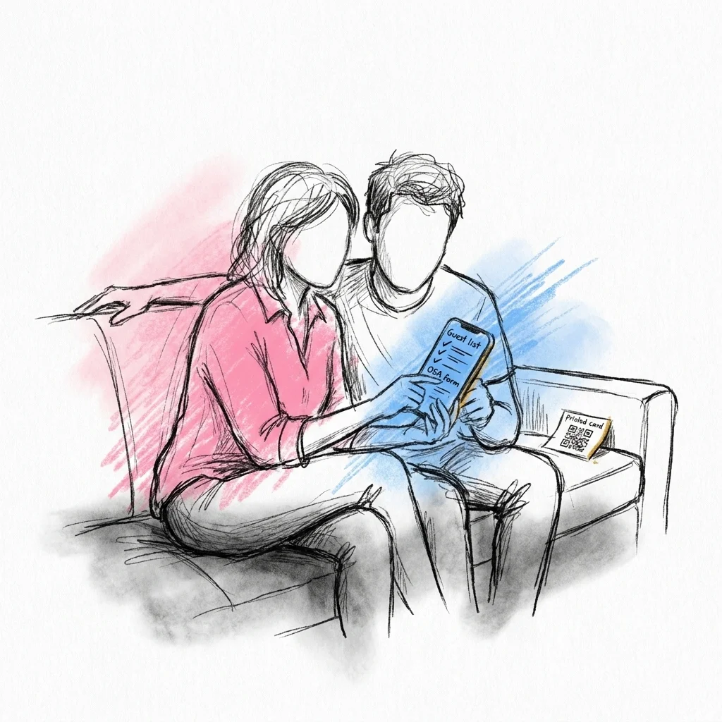 Par i soffa som tittar tillsammans på en mobil med gästlista och OSA-formulär, ett QR-kortet bredvid, i Lovios rosa och blå illustrationsstil