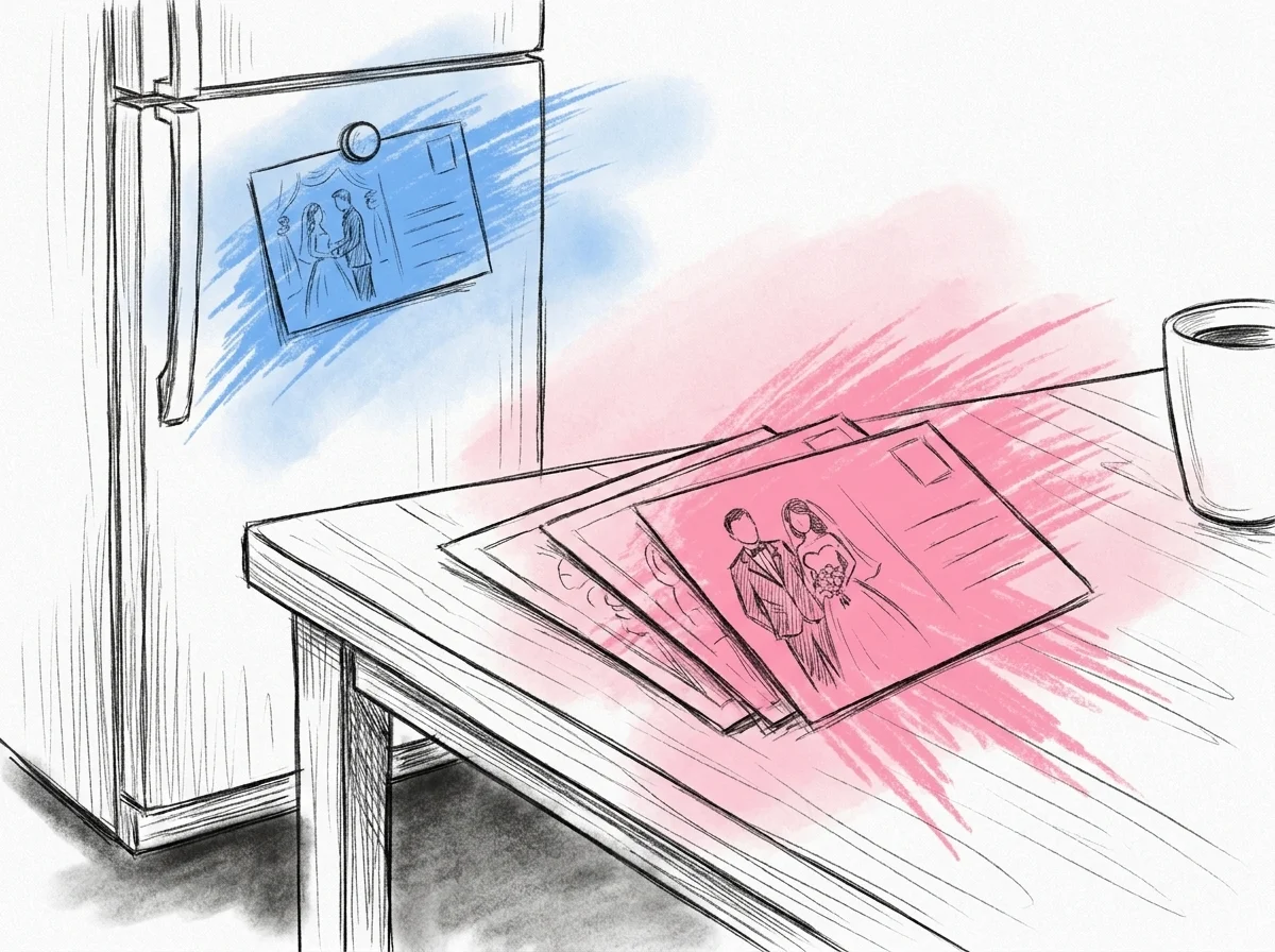 Tre bröllopsvykort i solfjäder på köksbord med ett fjärde fastsatt på kylskåp, i Lovios rosa och blå illustrationsstil