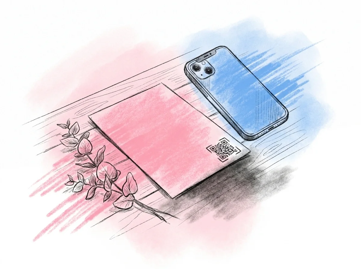 Tryckt bröllopsinbjudan med QR-kod i hörnet och en smartphone som hovrar över för att skanna, i Lovios rosa och blå illustrationsstil