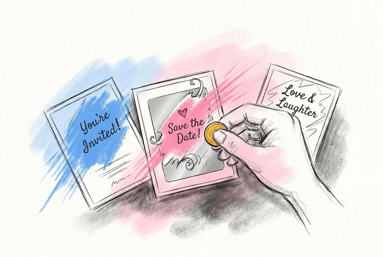 Hand som skrapar bort silverfärgad folie på en bröllopsinbjudan med ett mynt, i Lovios rosa och blå illustrationsstil