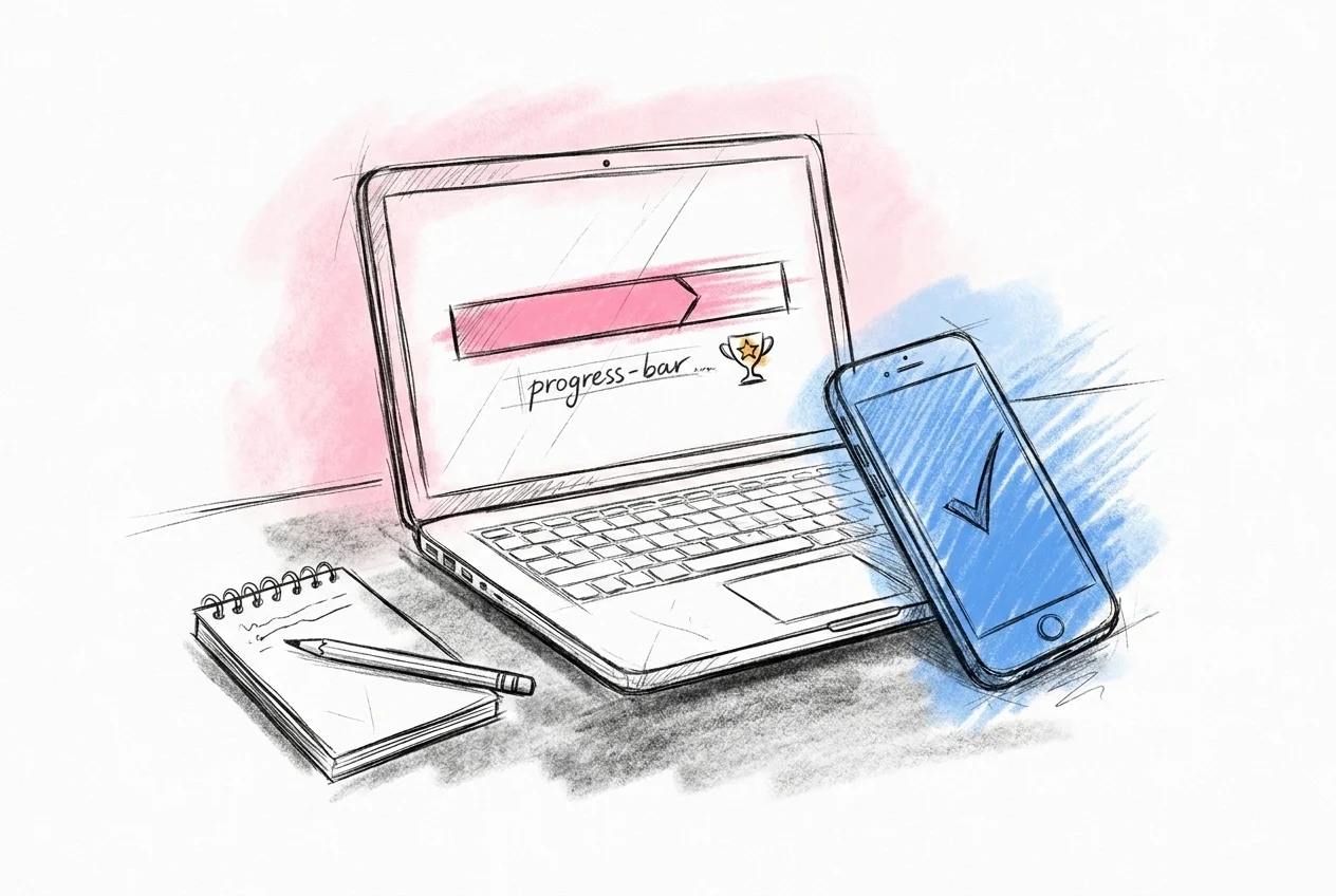 Laptop med en progressbar och en liten trofé-ikon, smartphone bredvid med en bock, i Lovios rosa och blå illustrationsstil