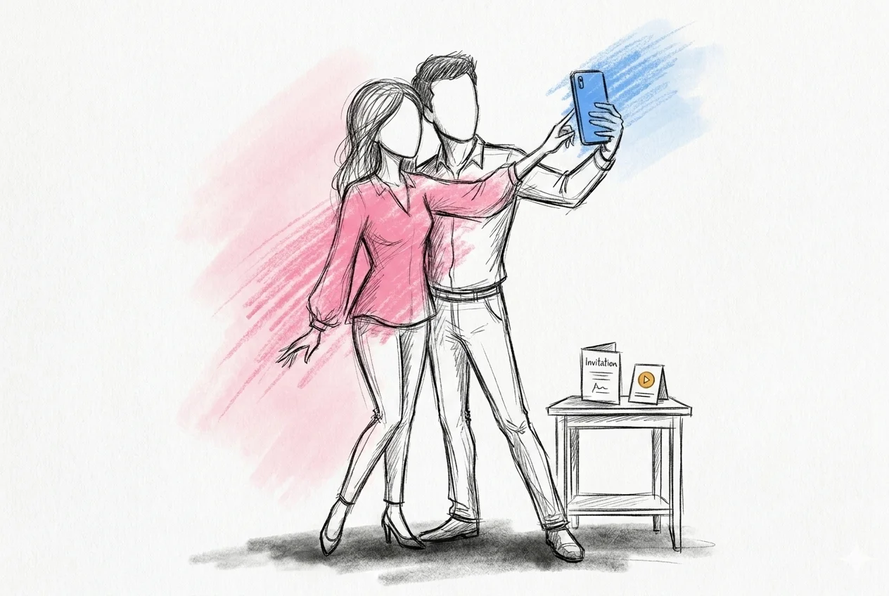 Par som håller en smartphone framför sig och spelar in en kort videoinbjudan, i Lovios rosa och blå illustrationsstil