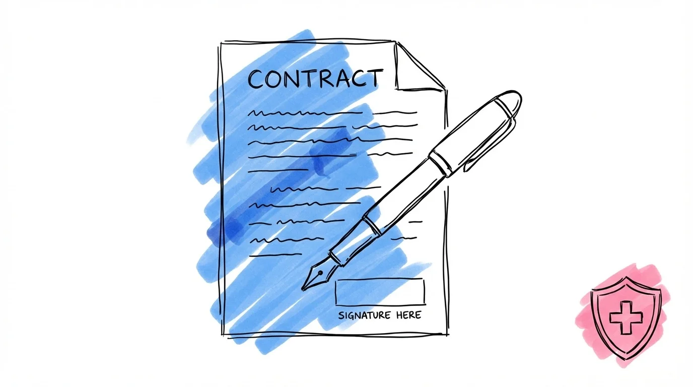 Ett kontraktsdokument med synliga textrader och signaturområde, en penna liggande över det och en liten sköldikon i hörnet i Lovios rosa och blå illustrationsstil