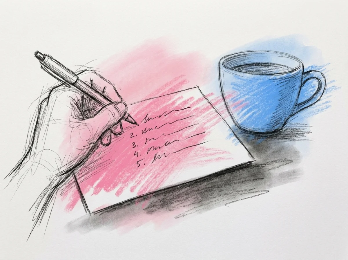 Hand som skissar fem korta numrerade stödord på ett litet kort bredvid en kaffekopp på ett bord, i Lovios rosa och blå illustrationsstil