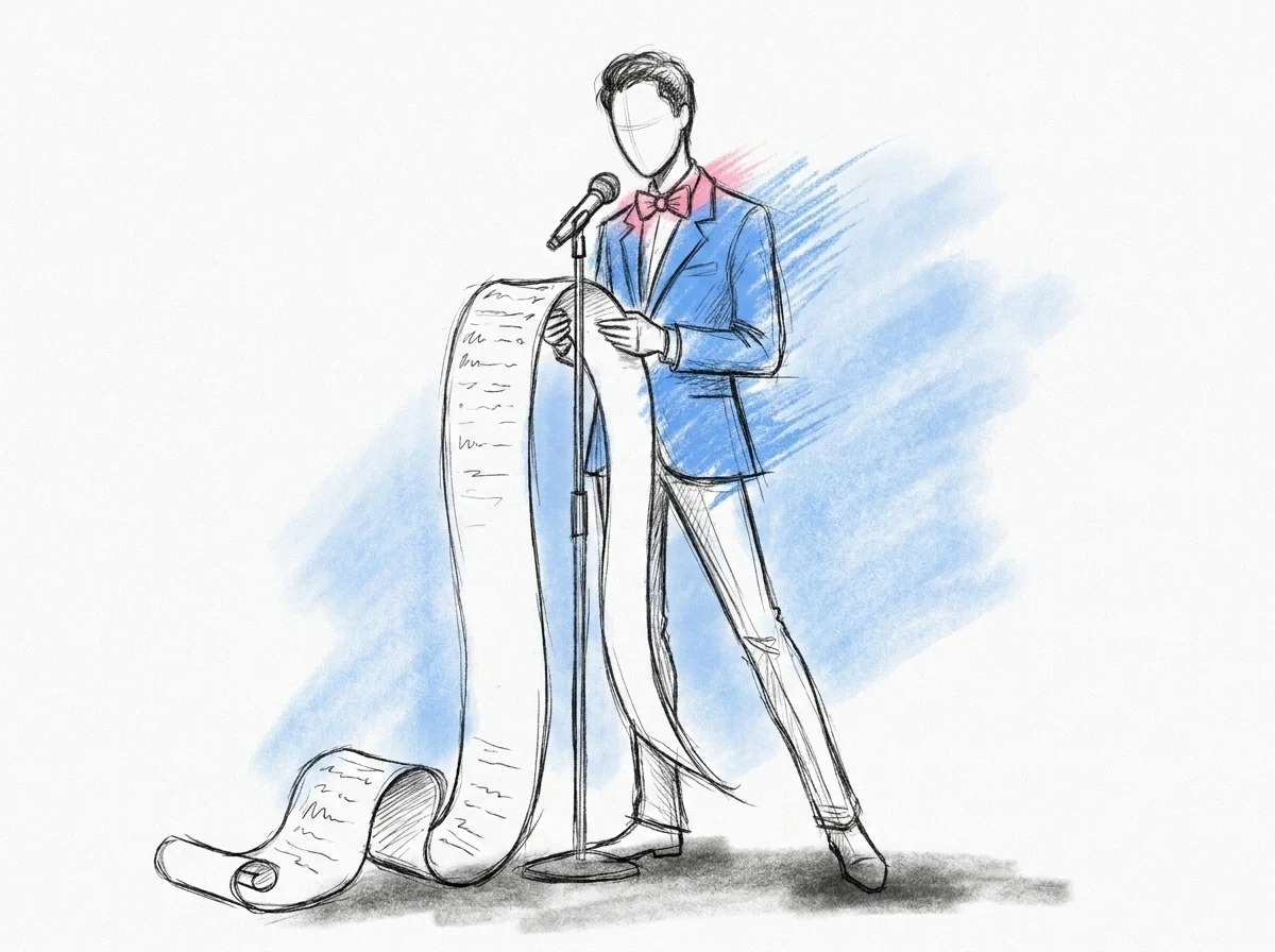 Person vid en mikrofonställning som tittar ner på en alldeles för lång pappersrulle som rullar ut hela vägen ner till golvet, i Lovios rosa och blå illustrationsstil