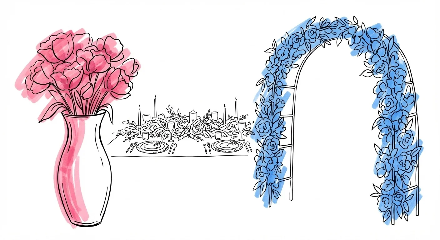 Bordsdekoration, honnörsbord och blomsterarrangemang för bröllop i Lovios illustrationsstil
