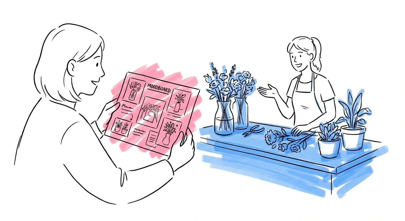 Par visar moodboard för florist inför offert i Lovios illustrationsstil