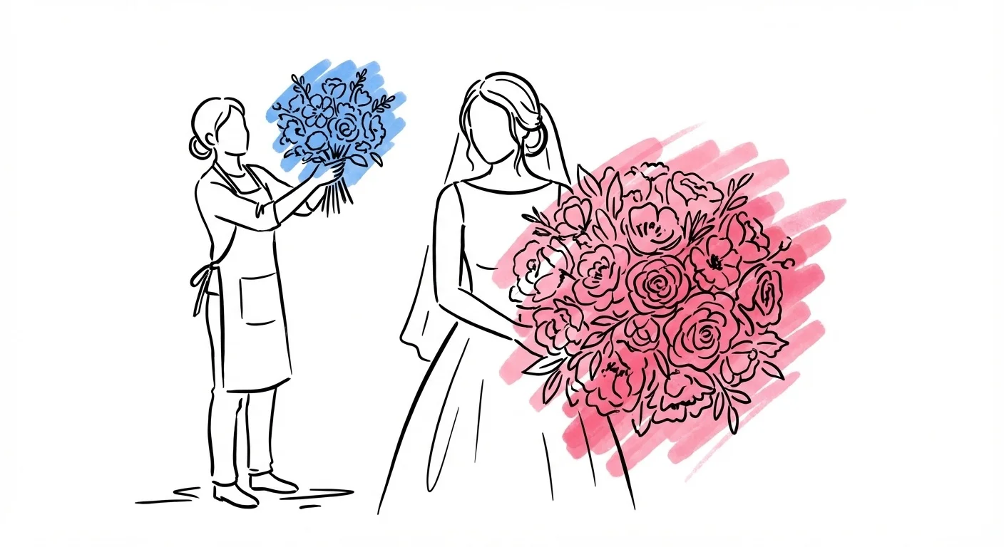 Bröllopsblommor i olika kategorier: brudbukett, bordsdekoration och ceremoniarrangemang i Lovios illustrationsstil