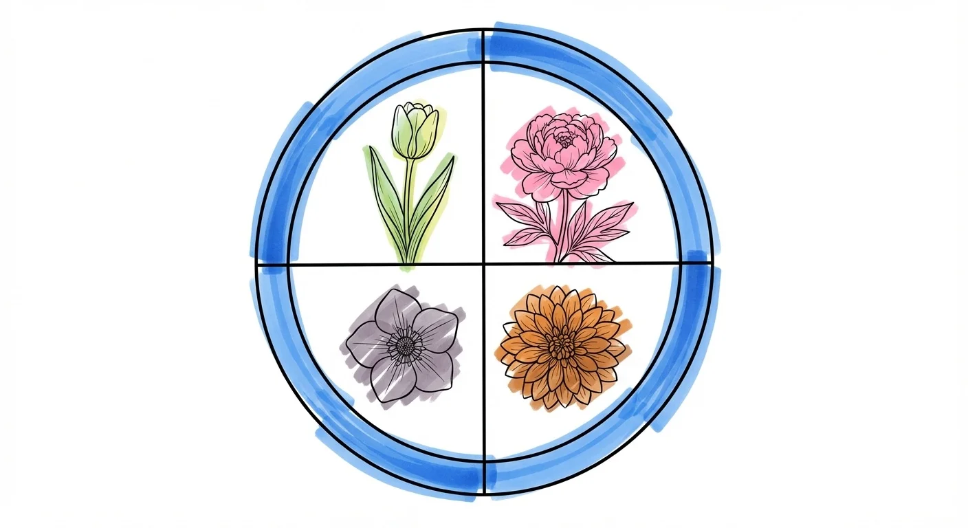 Årstidsöversikt med blommor för vår, sommar, höst och vinter i Lovios illustrationsstil