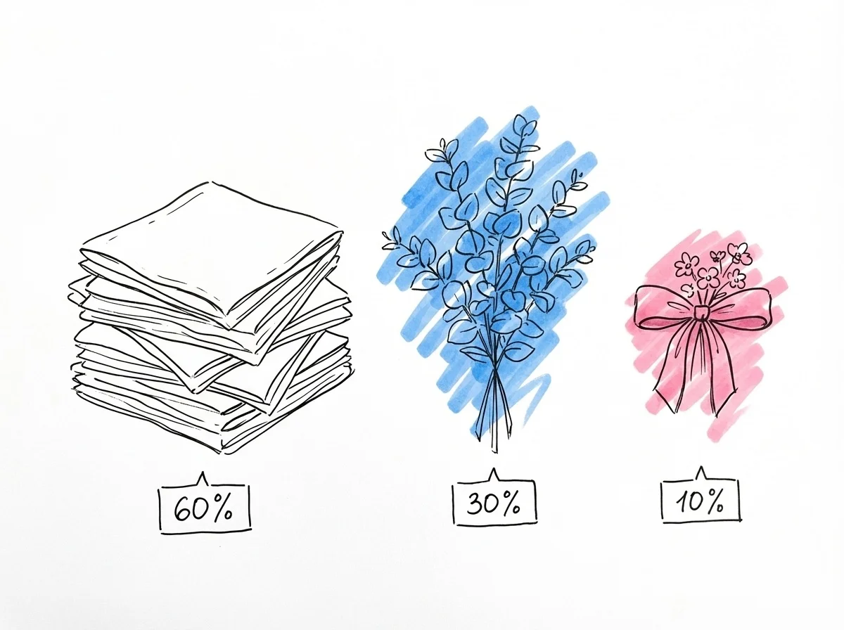 Tre grupper av dekorativa element som visar proportioner: ett stort område med vita/neutrala linnedukar (60 %), ett mellanstort område med grönt (30 %), och små accentdetaljer som band och blommor (10 %), i Lovios rosa och blå illustrationsstil
