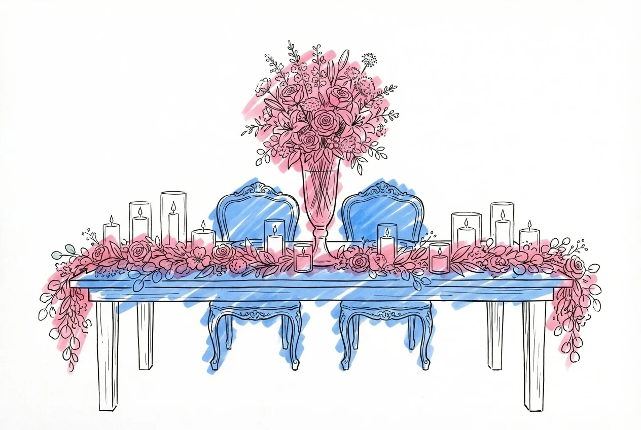 Honnörsbord med ett elaborerat centerpiece, fler ljus, en blomstergirlang längs framkanten och två stolar i mitten för brudparet, i Lovios rosa och blå illustrationsstil
