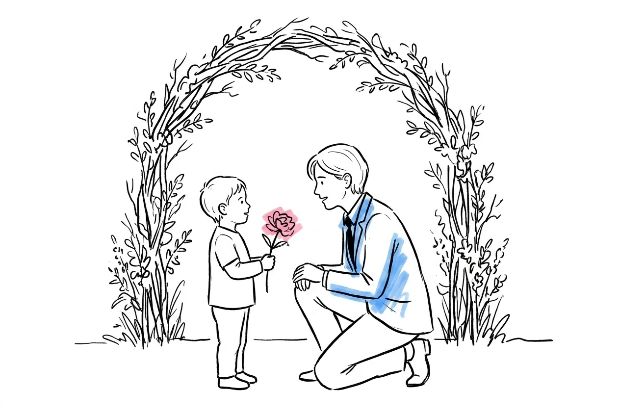 Förälder på knä i ögonhöjd med barn som håller en blomma