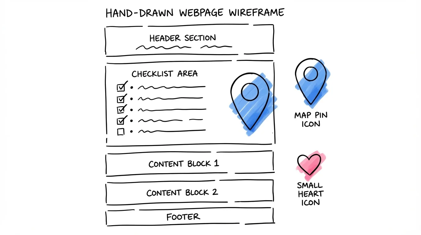 Wireframe av en bröllopshemsida med 8 sektioner — kopierbar mall