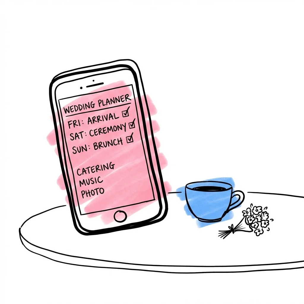 Telefonskärm som visar en tredagars tidsplan med checkmarkeringar, liggande på ett bord bredvid kaffekopp och liten bukett