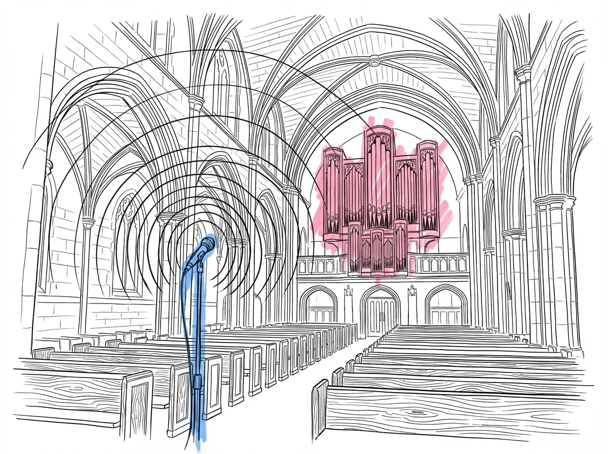 Insidan av en kyrka med högt valv, en orgel i bakgrunden och en mikrofon vid altaret, ljudvågor som strålar genom rummet, i Lovios rosa och blå illustrationsstil