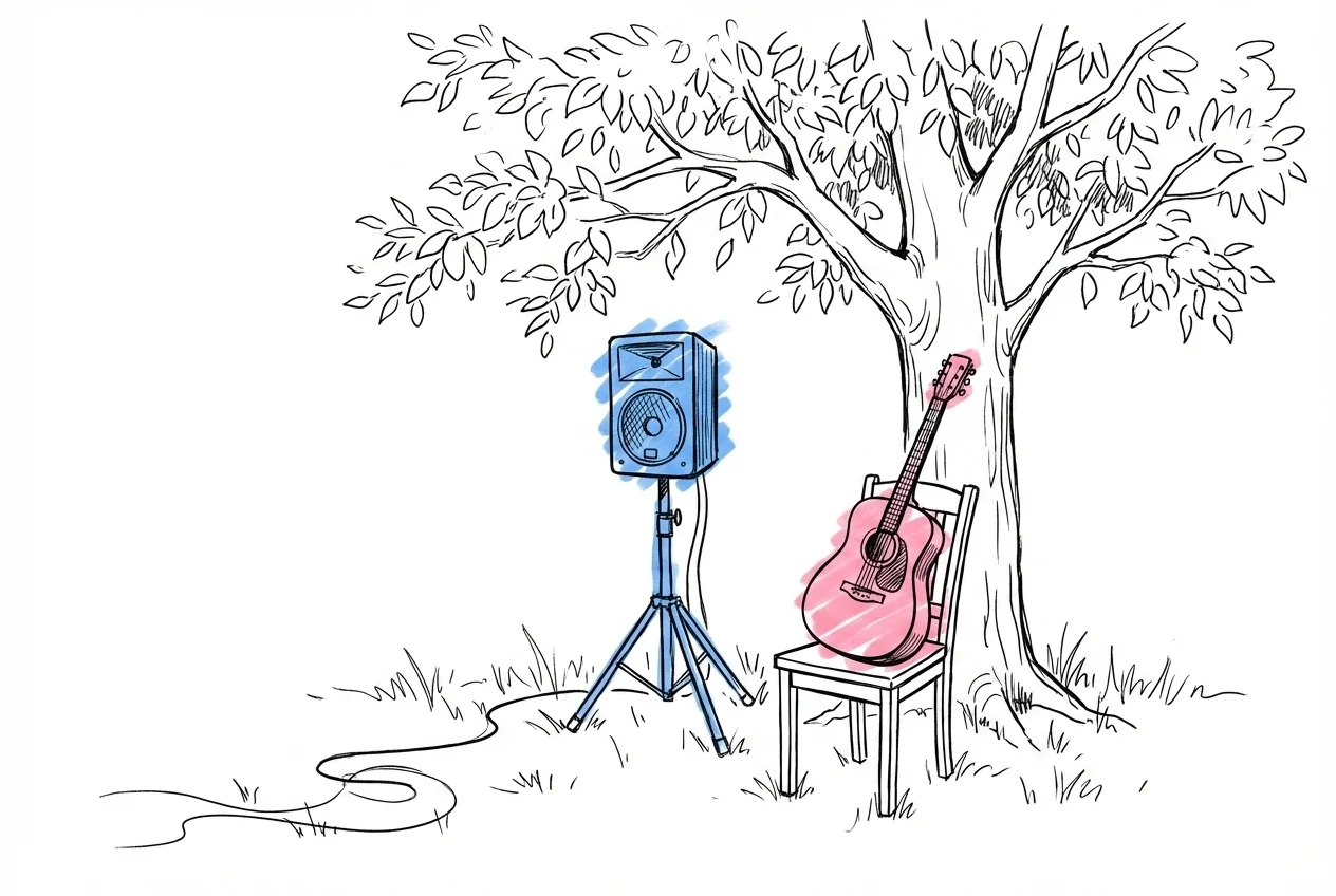 En utomhusceremoni under ett träd med en liten PA-högtalare, en akustisk gitarr på en stol och en förlängningssladd över gräset, i Lovios rosa och blå illustrationsstil