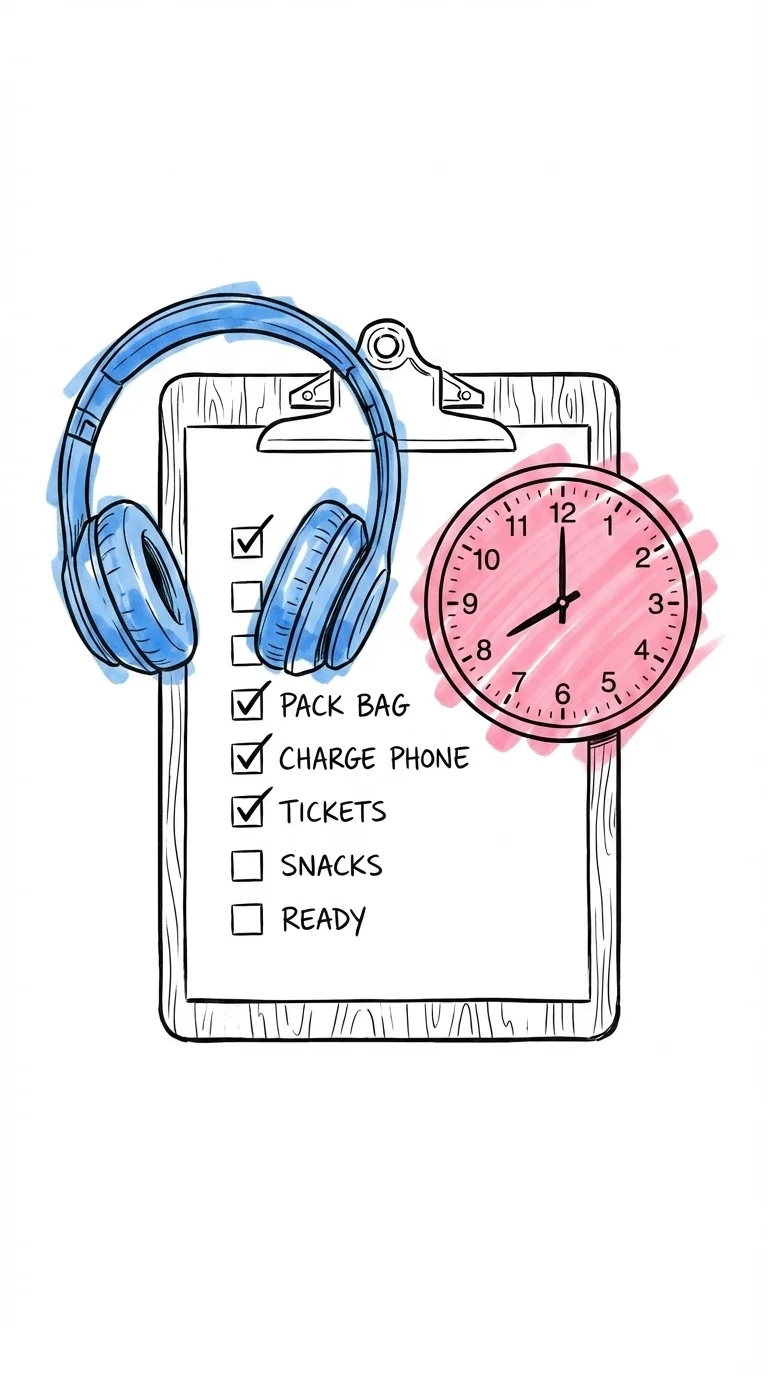 En clipboard med en handskriven checklista, bockar, en klocka och hörlurar draperade över toppen, i Lovios rosa och blå illustrationsstil