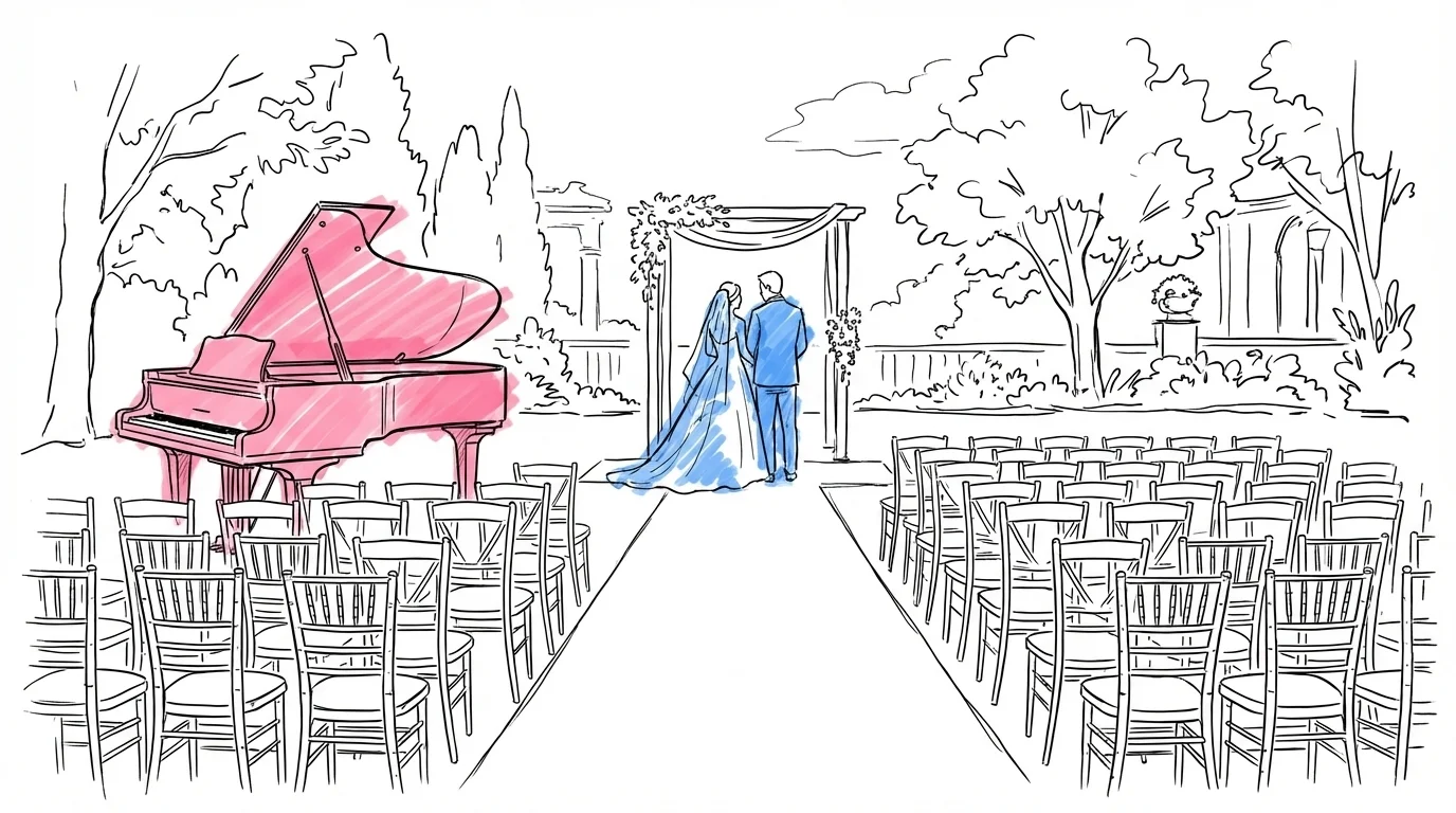 En ceremoniöng sedd bakifrån med rader av stolar, ett par vid altaret och ett piano vid sidan, i Lovios rosa och blå illustrationsstil
