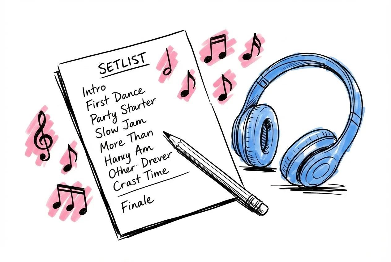 En handskriven setlista på ett papper med musiknoter, en penna och ett par hörlurar, i Lovios rosa och blå illustrationsstil
