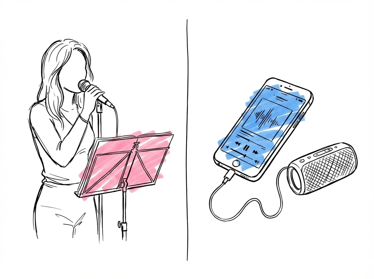 Delad scen: en solosångare med mikrofon och notställ på ena sidan, en smartphone kopplad till en portabel högtalare på andra, i Lovios rosa och blå illustrationsstil