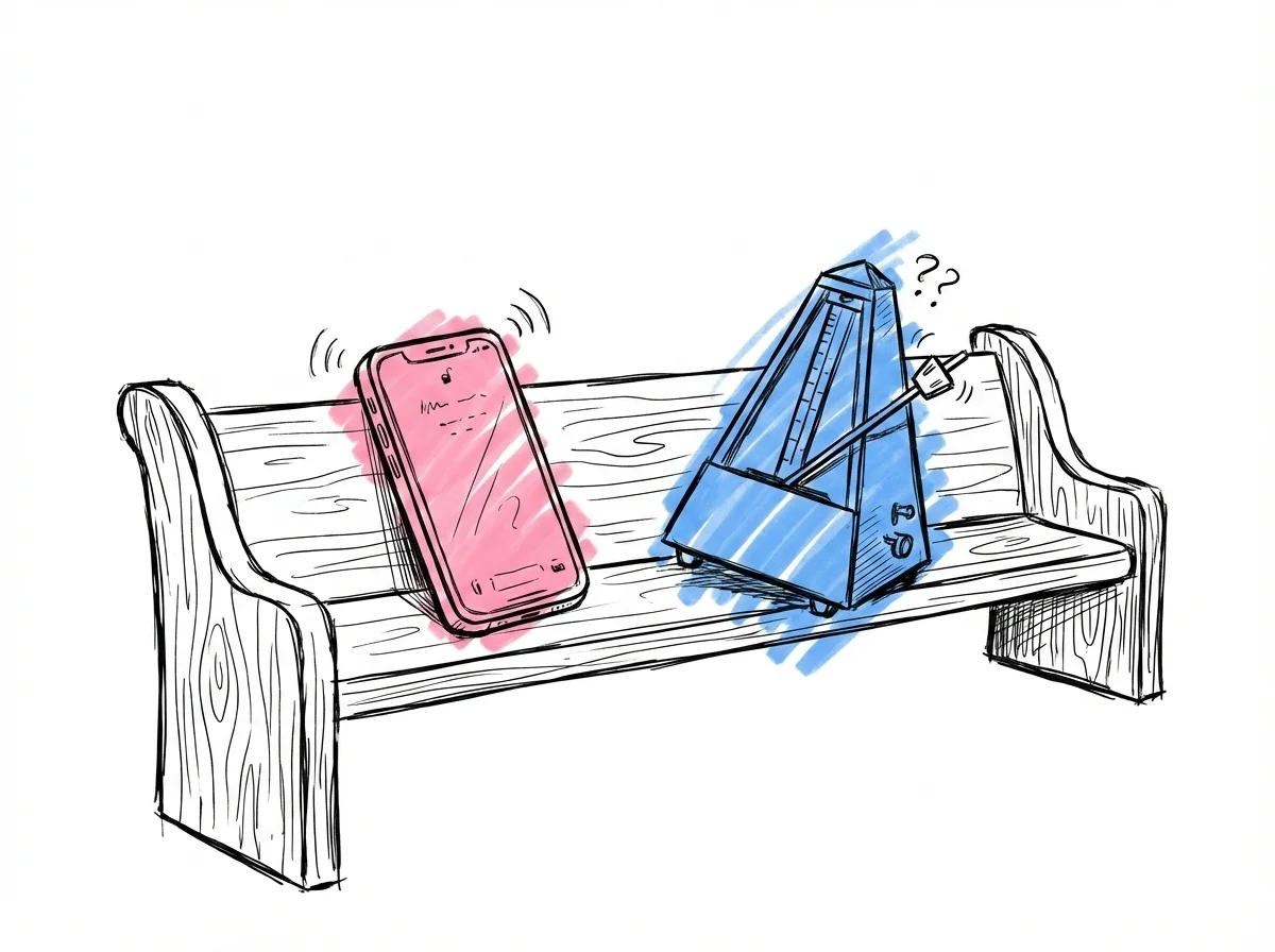 En telefon på en kyrobänk med små ljudvågor och en förvirrad metronom, i Lovios rosa och blå illustrationsstil