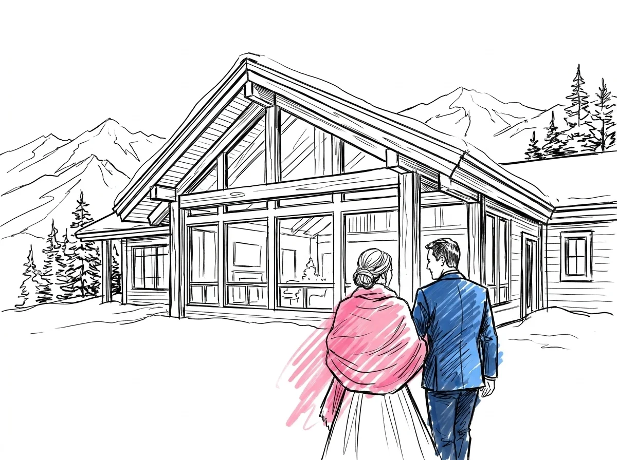 Fjällhotell med stora fönster mot snöiga berg — vinterbröllopsdestination