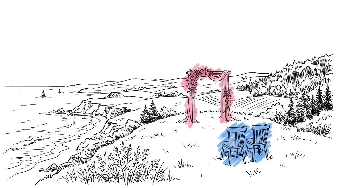 Sväpande svensk landskapsbild — kust, landsbygd och skogsklädda kullar med en ceremoniåge i fjärran