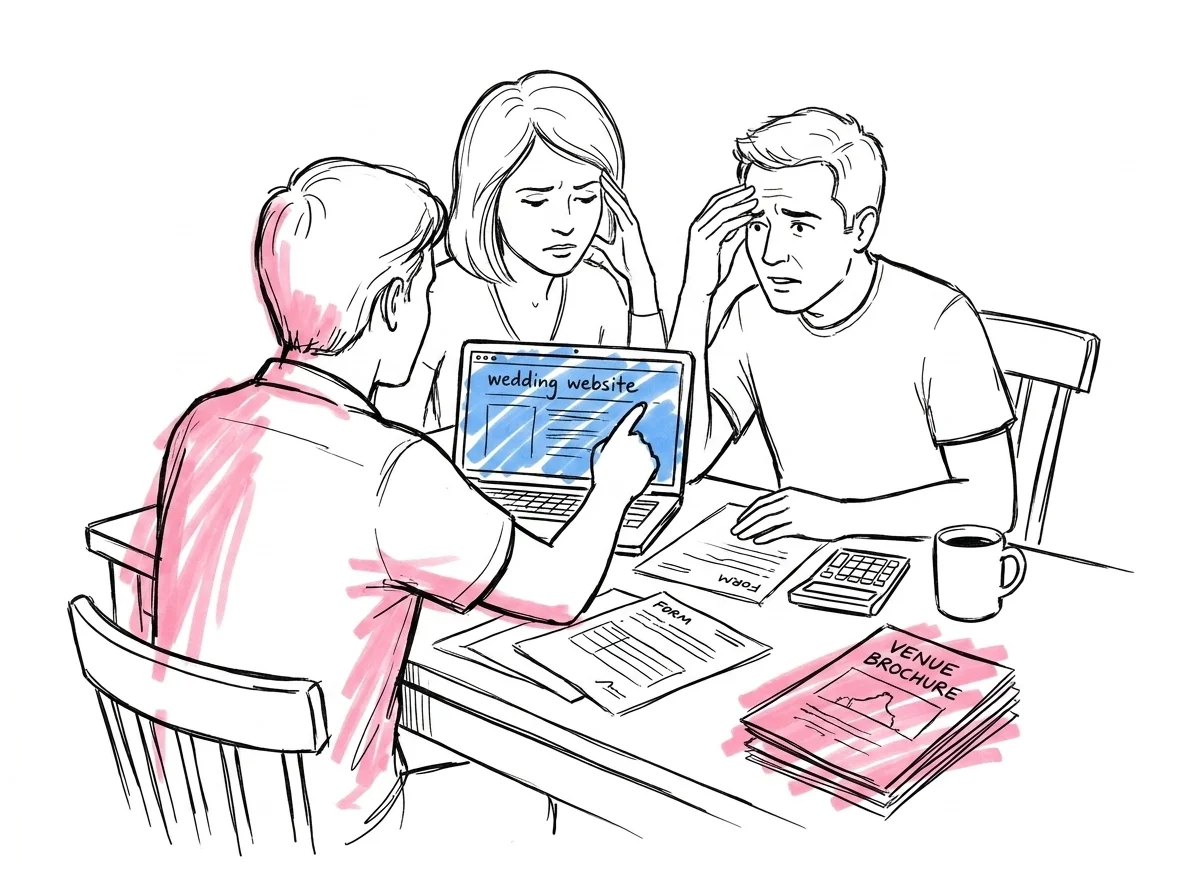 Par vid bord med laptop, papper och kalkylator — planering av bröllopsplats