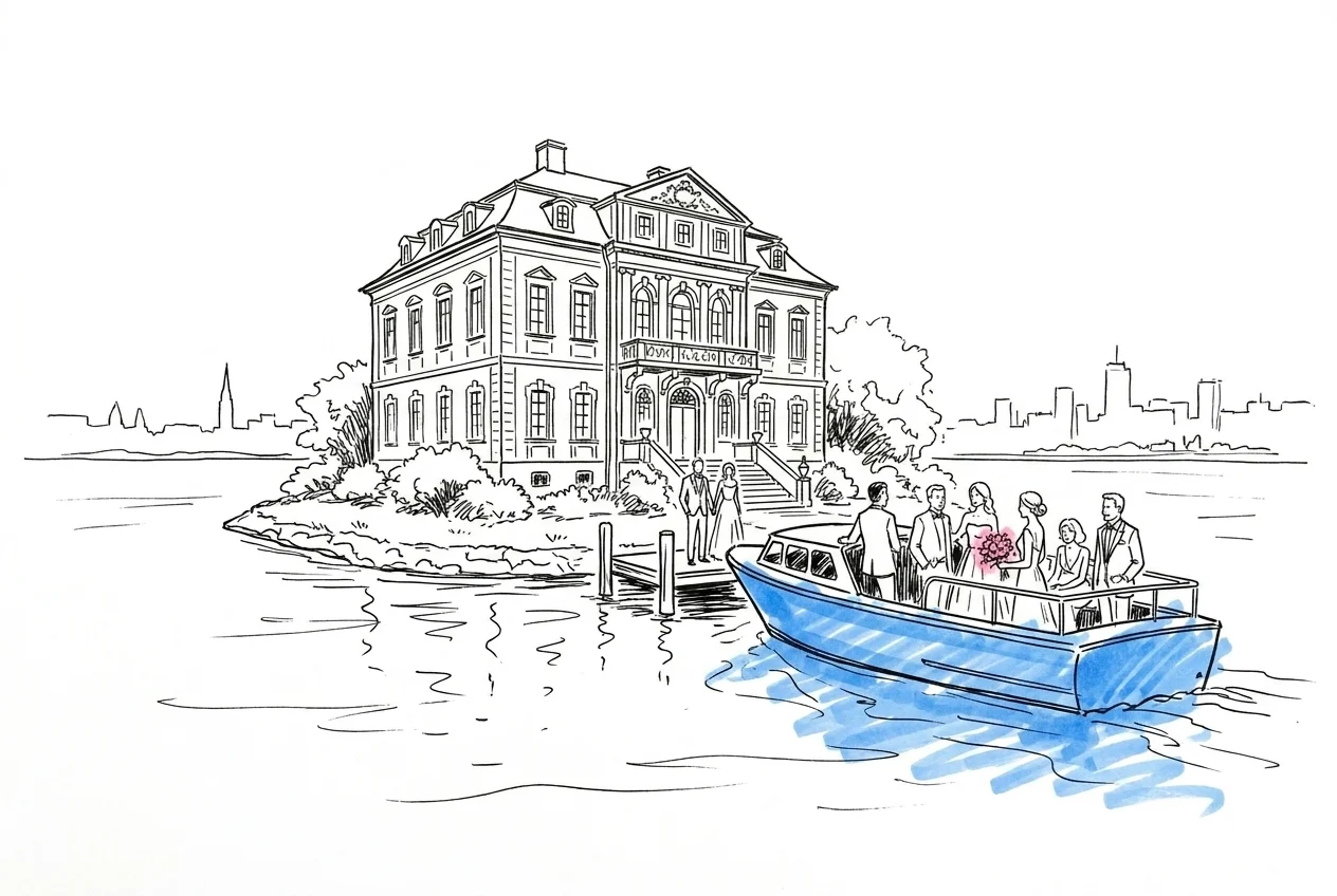 Stockholms vattenfront med gult hus på Skeppsholmen och en båt med bröllopsgäster