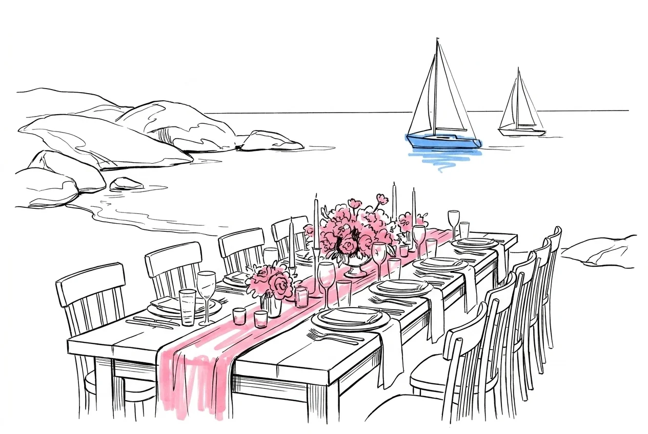 Kustscen med släta granitklippor vid havet och ett festligt långbord uppdukat vid vattnet