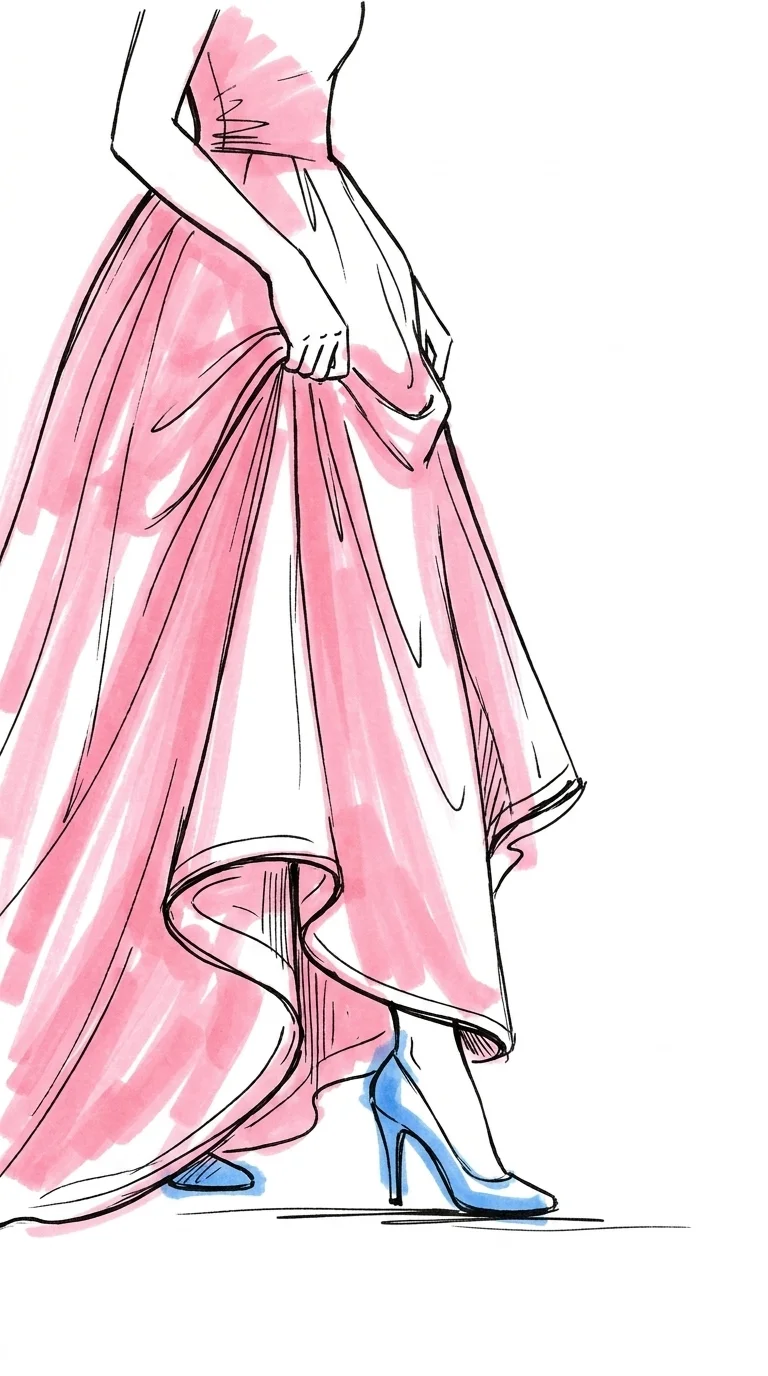 En brud i en lång flödande klänning, sedd från midjan och nedåt, lyfter försiktigt på fållen och visar en elegant klackad sko i Lovios rosa och blå illustrationsstil