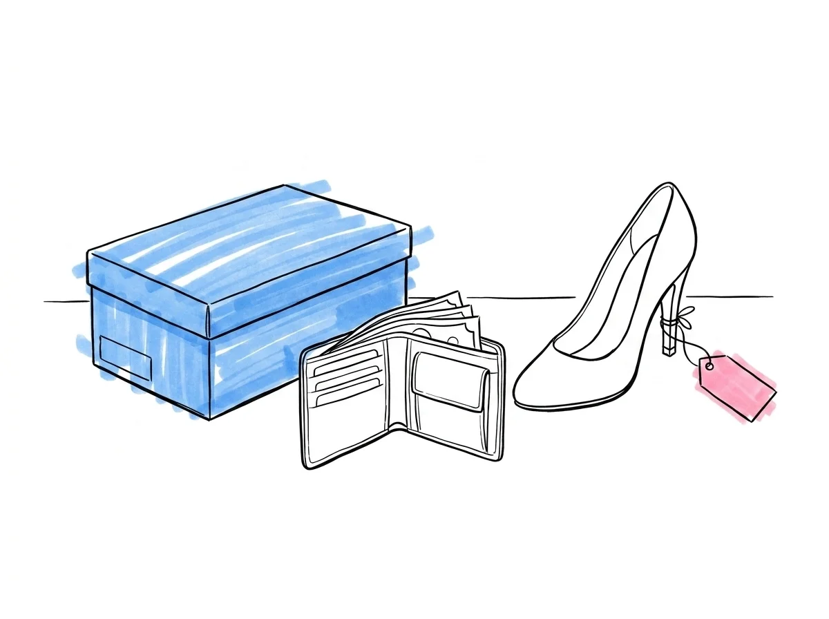 En skokartong, en öppen plånbok med några sedlar och en prislapp som hänger från en sko — arrangerade som en liten stilleben kring budgetsidan av skoköp i Lovios rosa och blå illustrationsstil