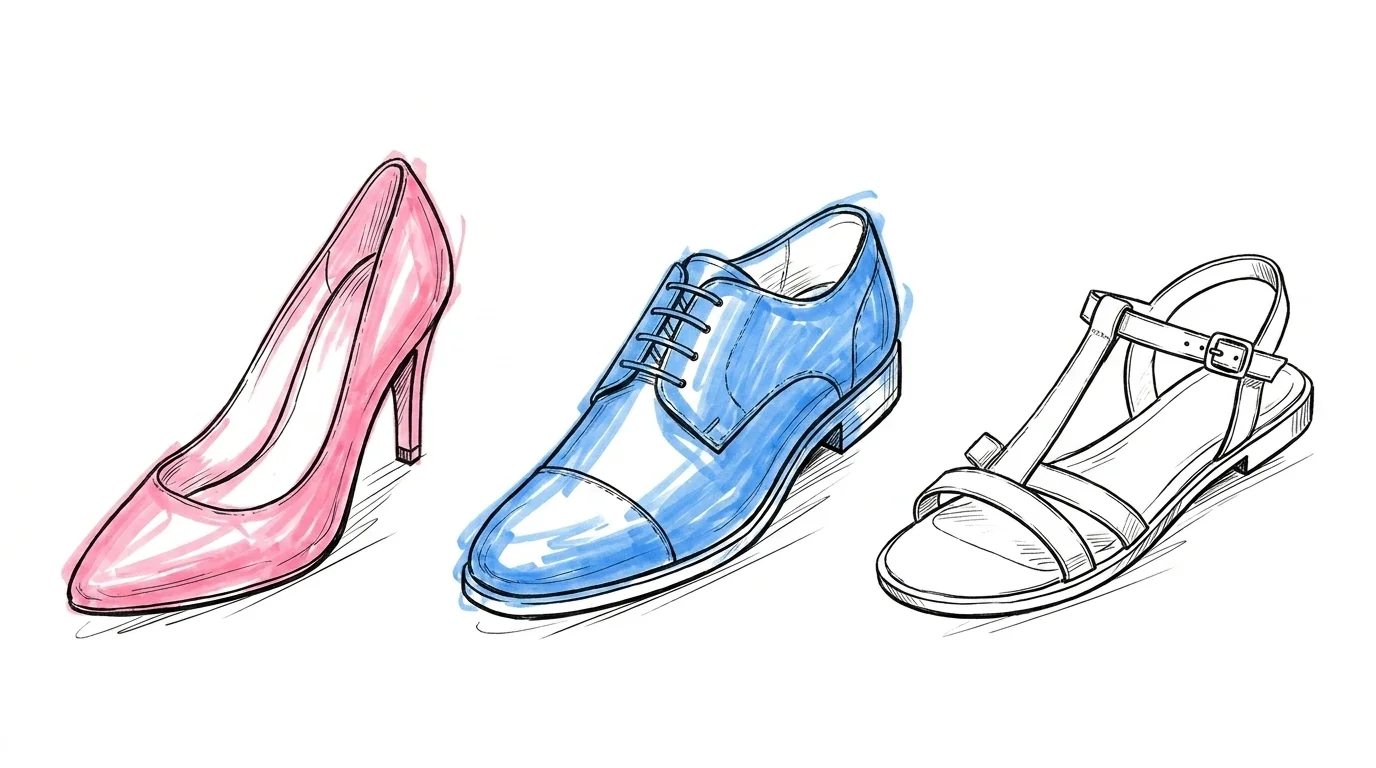 Tre par bröllopsskor i rad på en ljus yta — en brudpump, en herr-Oxford och en flat sandal — i Lovios rosa och blå illustrationsstil