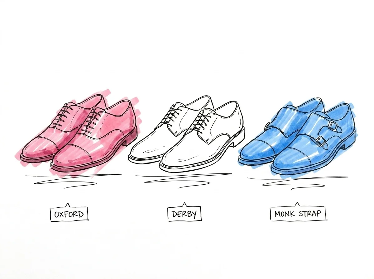 Tre par putsade herrläderskor i rad — en Oxford, en Derby och en monk strap med spänne — med små handskrivna etiketter under varje par i Lovios rosa och blå illustrationsstil
