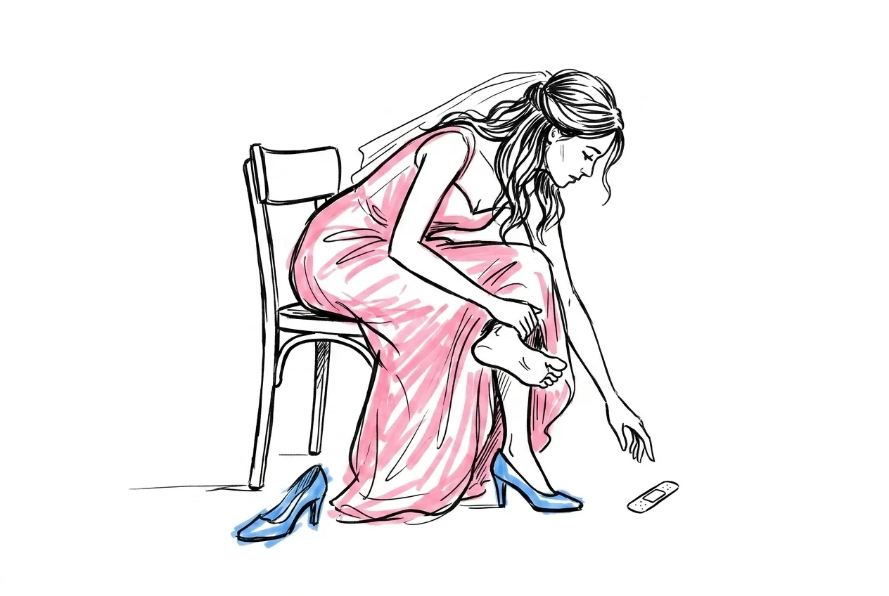 En brud sitter på en stol med ena skon avtagen, håller sin fot och sträcker sig efter ett litet plåster — relaterbar slut-på-kvällen-pose med en avlagd andra sko bredvid i Lovios rosa och blå illustrationsstil