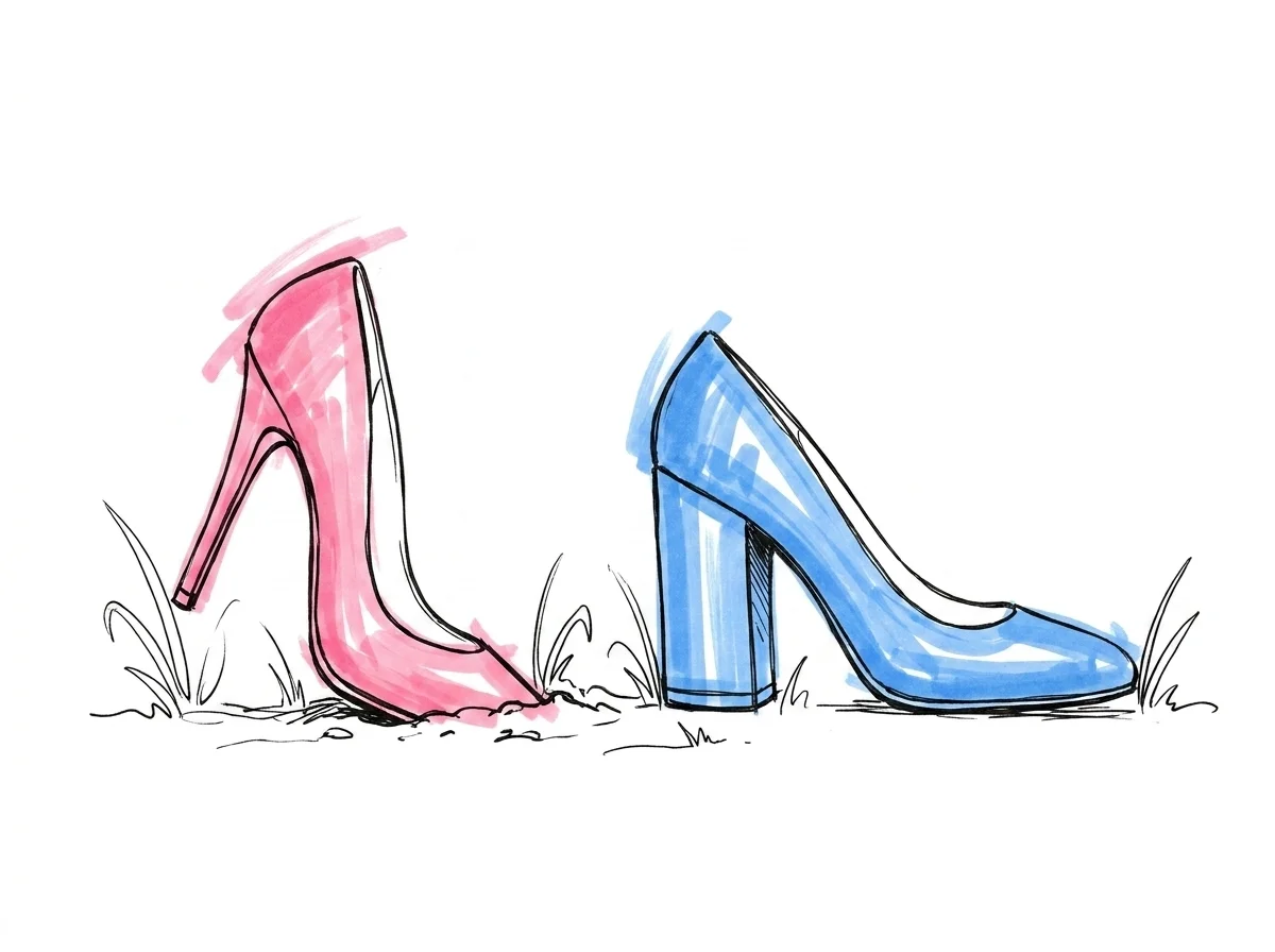 Två klackar bredvid varandra på en gräsyta — en stilett som sjunker ner i marken och en bred blockklack som står stadigt — med några grässtrån runt omkring i Lovios rosa och blå illustrationsstil