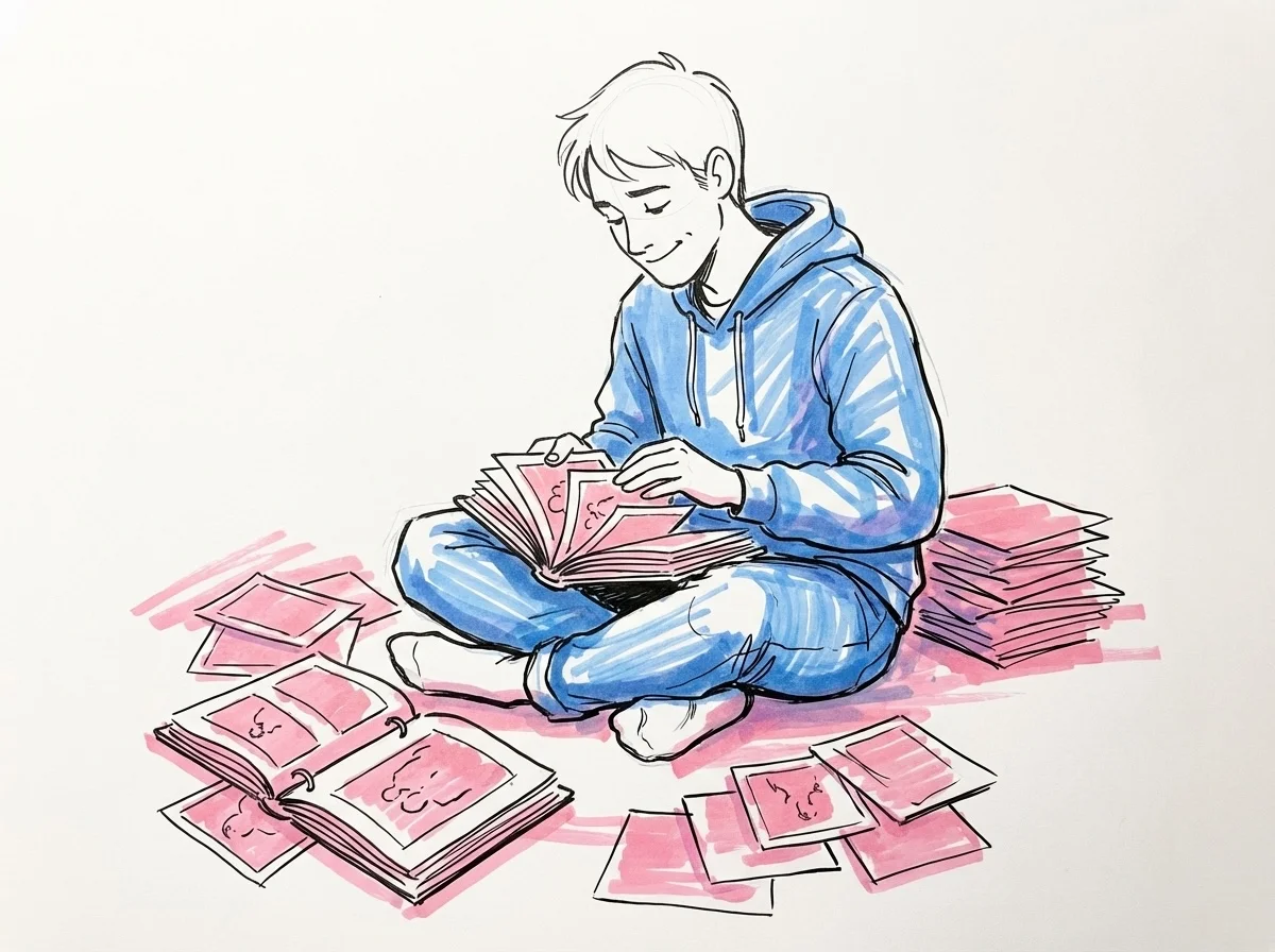 Person som sitter på golvet omgiven av utspridda fotografier och bläddrar bland minnen i Lovios rosa och blå illustrationsstil