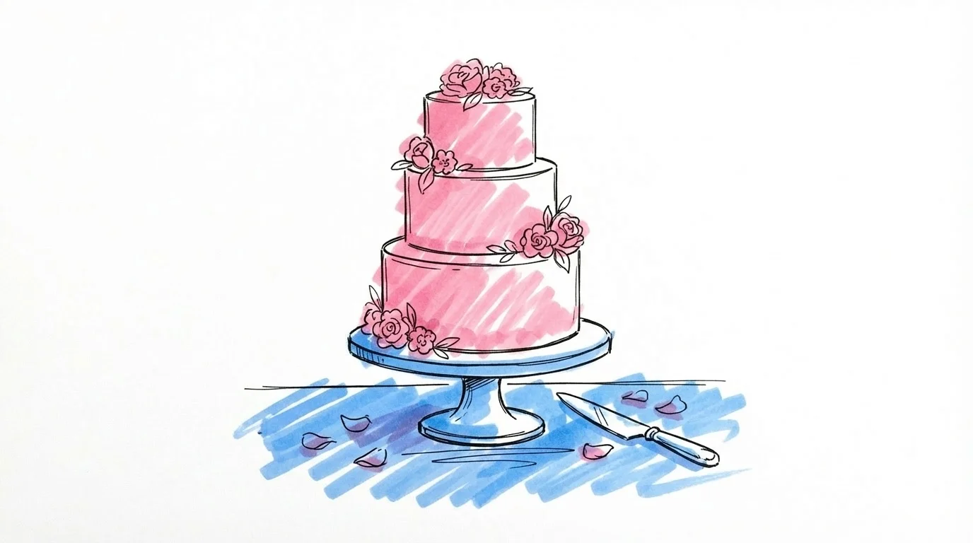En trevånings bröllopstårta på ett runt tårtstativ med små dekorativa blommor och en tårtkniv på ett festligt bord, i Lovios rosa och blå illustrationsstil