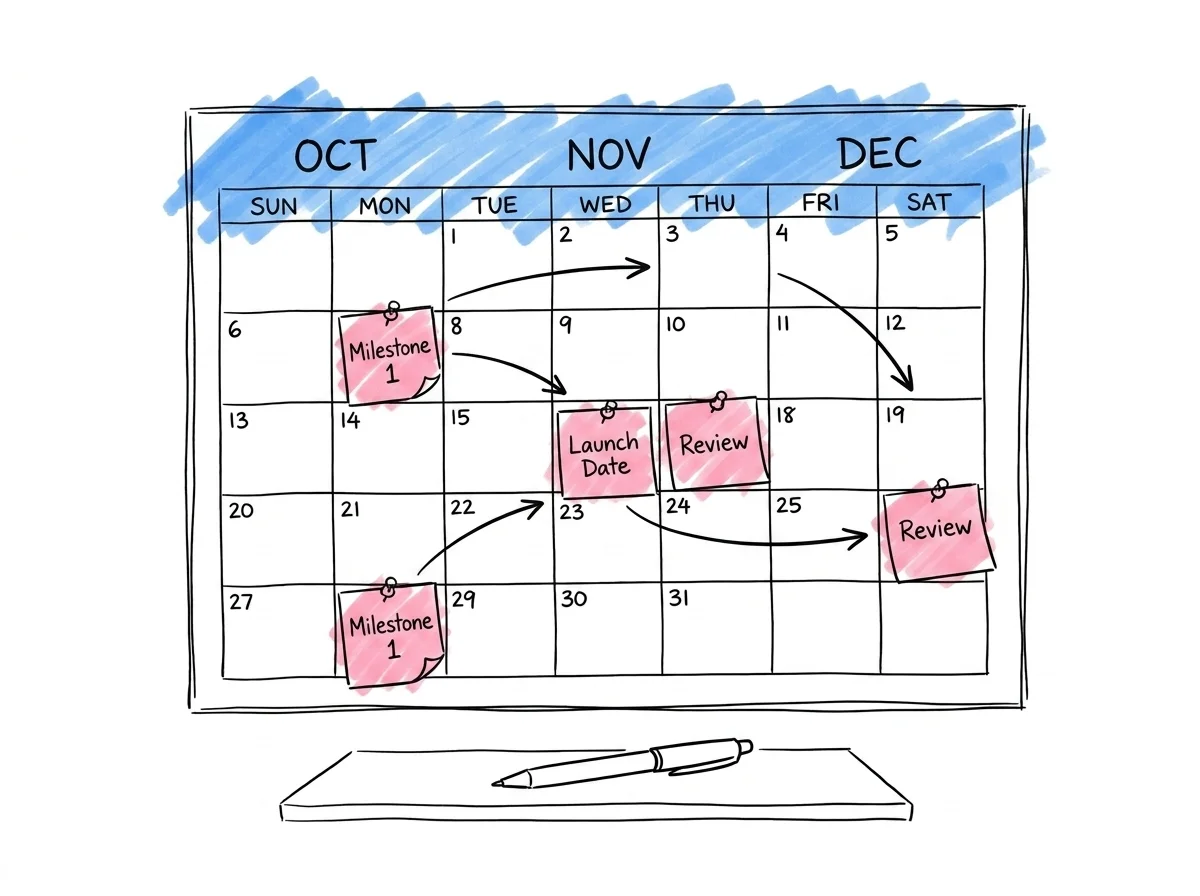 Väggkalender med klistermärken och deadlines markerade vid olika veckor, penna ovanpå