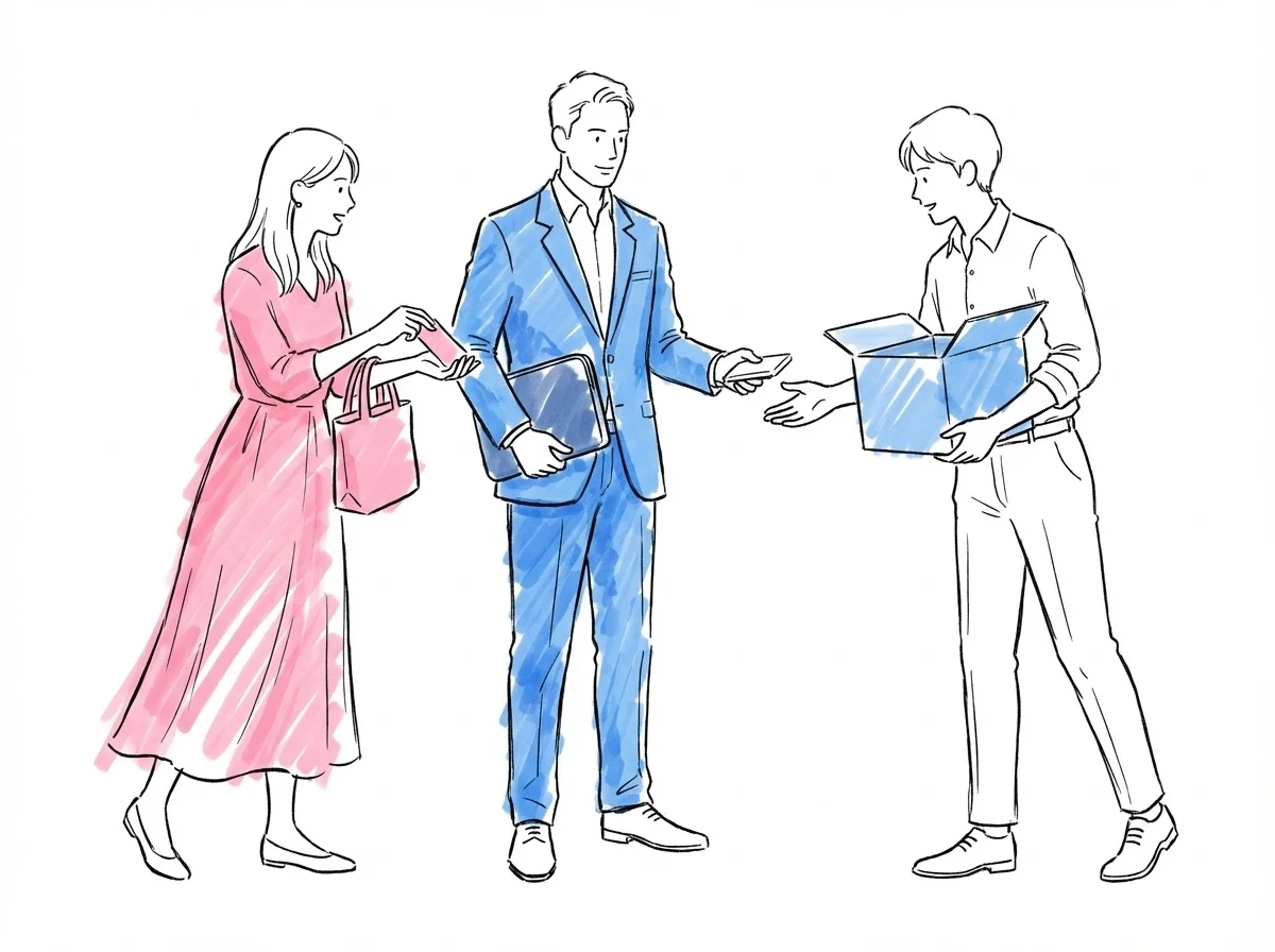 Tre personer som koordinerar — kvinna med tygväska, man med liten necessär och tredje person med låda, i Lovios rosa och blå illustrationsstil