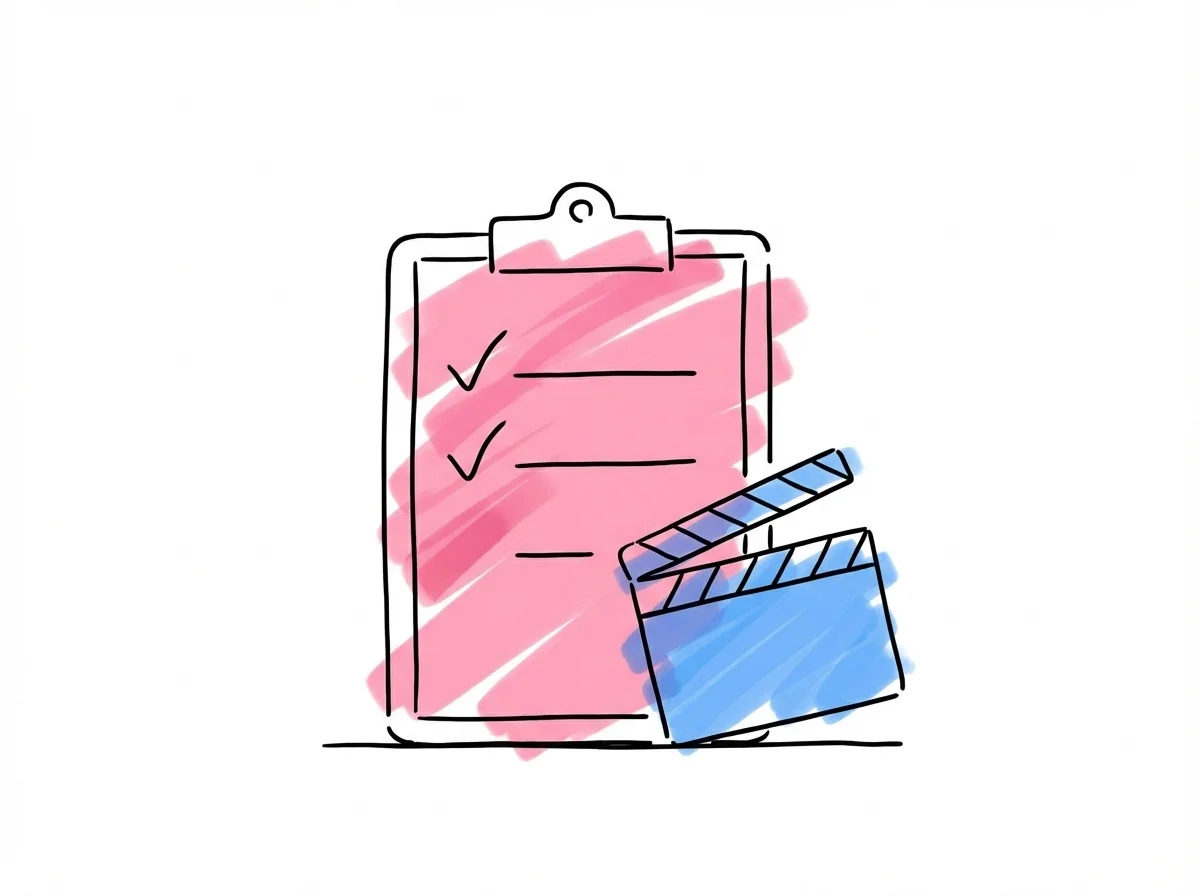 Checklista på clipboard med videoklappa bredvid