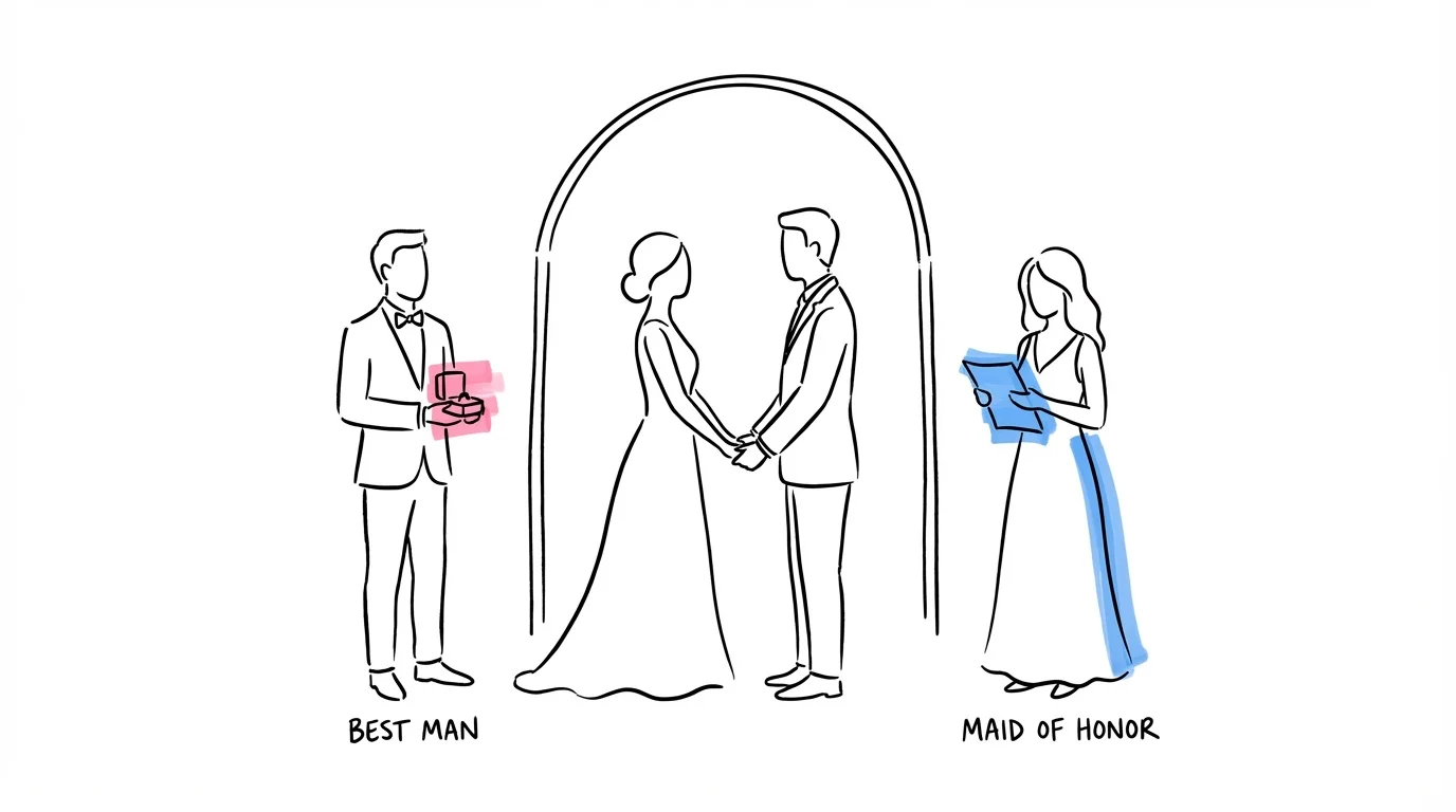 Bestman och brudgum förbereder sig tillsammans inför ceremonin i Lovios rosa och blå illustrationsstil