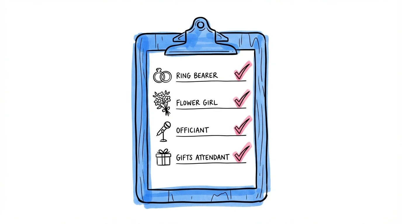 Checklista för brudföljet med avbockade punkter i Lovios rosa och blå illustrationsstil
