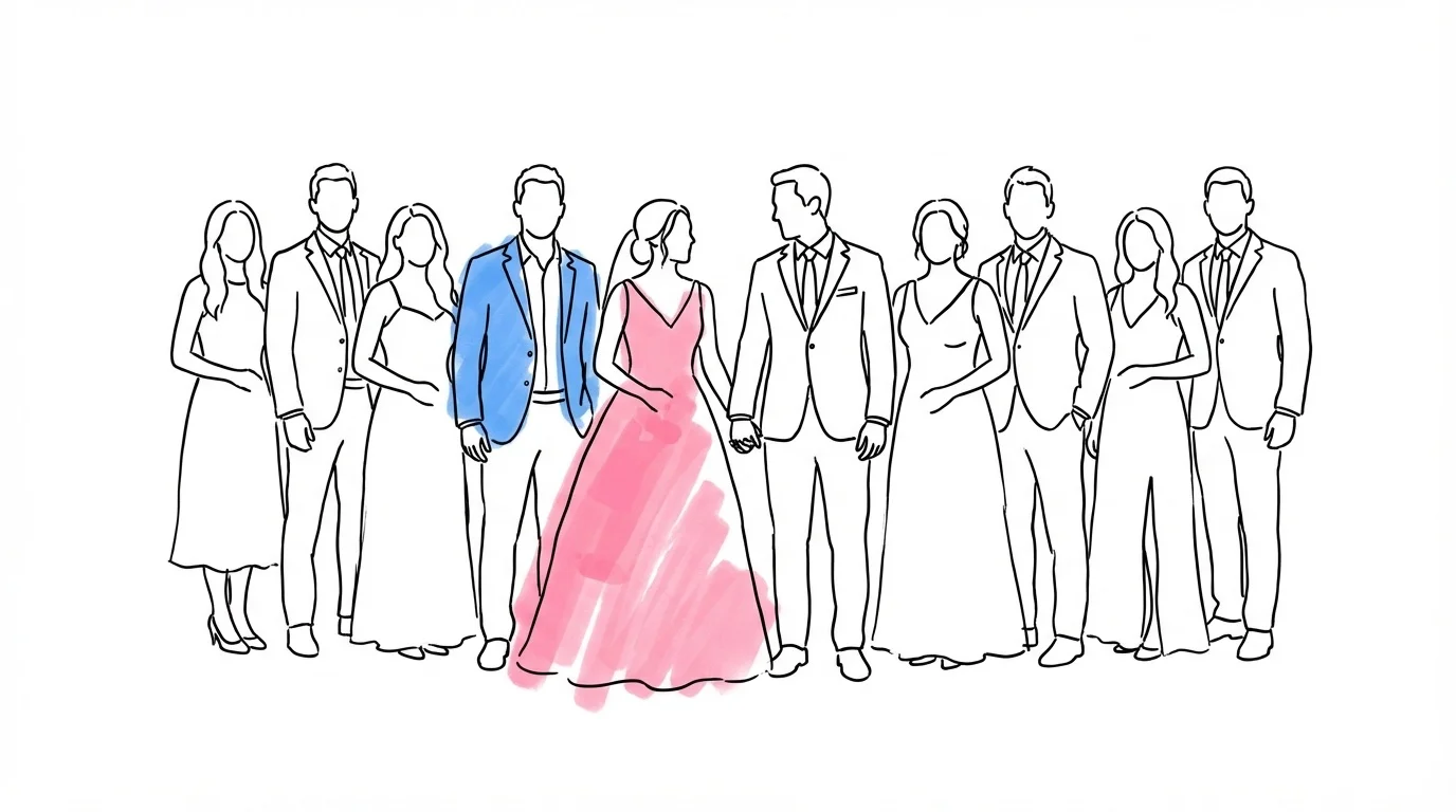 Brudföljet poserar tillsammans utomhus inför bröllopet i Lovios rosa och blå illustrationsstil