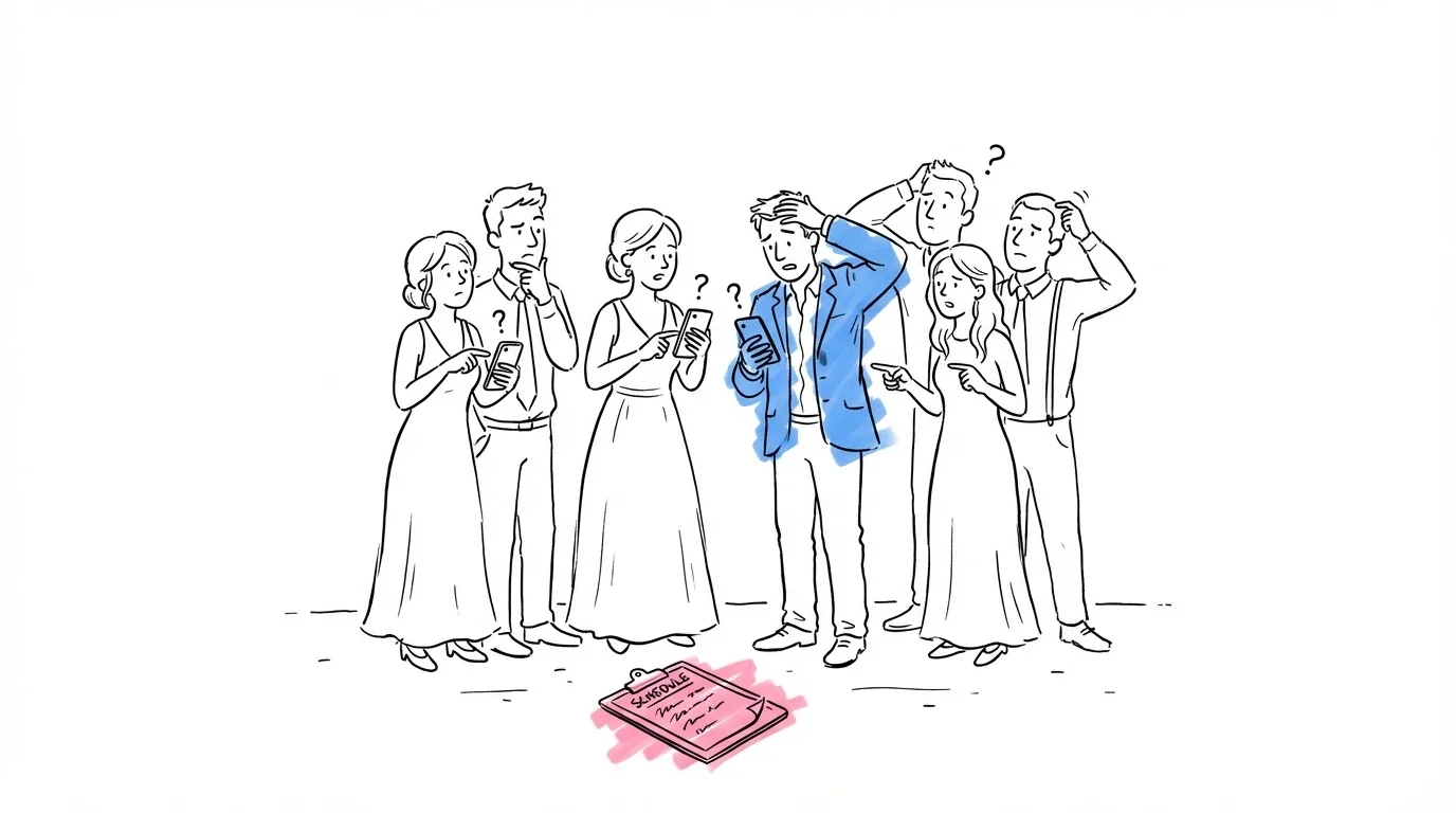 Sammansatt scen som visar de fem vanligaste misstagen i brudföljet i Lovios rosa och blå illustrationsstil