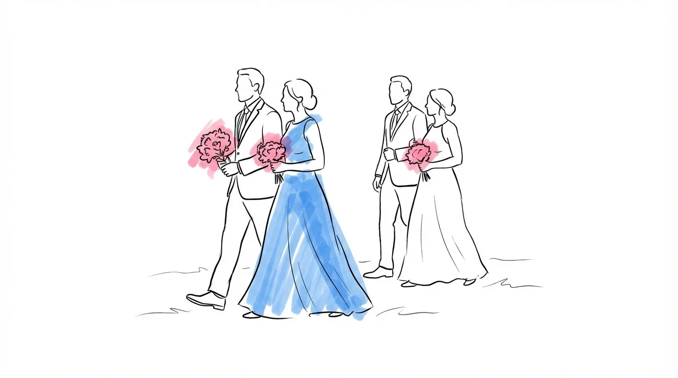 Hederstärna och brudtärnor skrattar tillsammans under förberedelserna i Lovios rosa och blå illustrationsstil