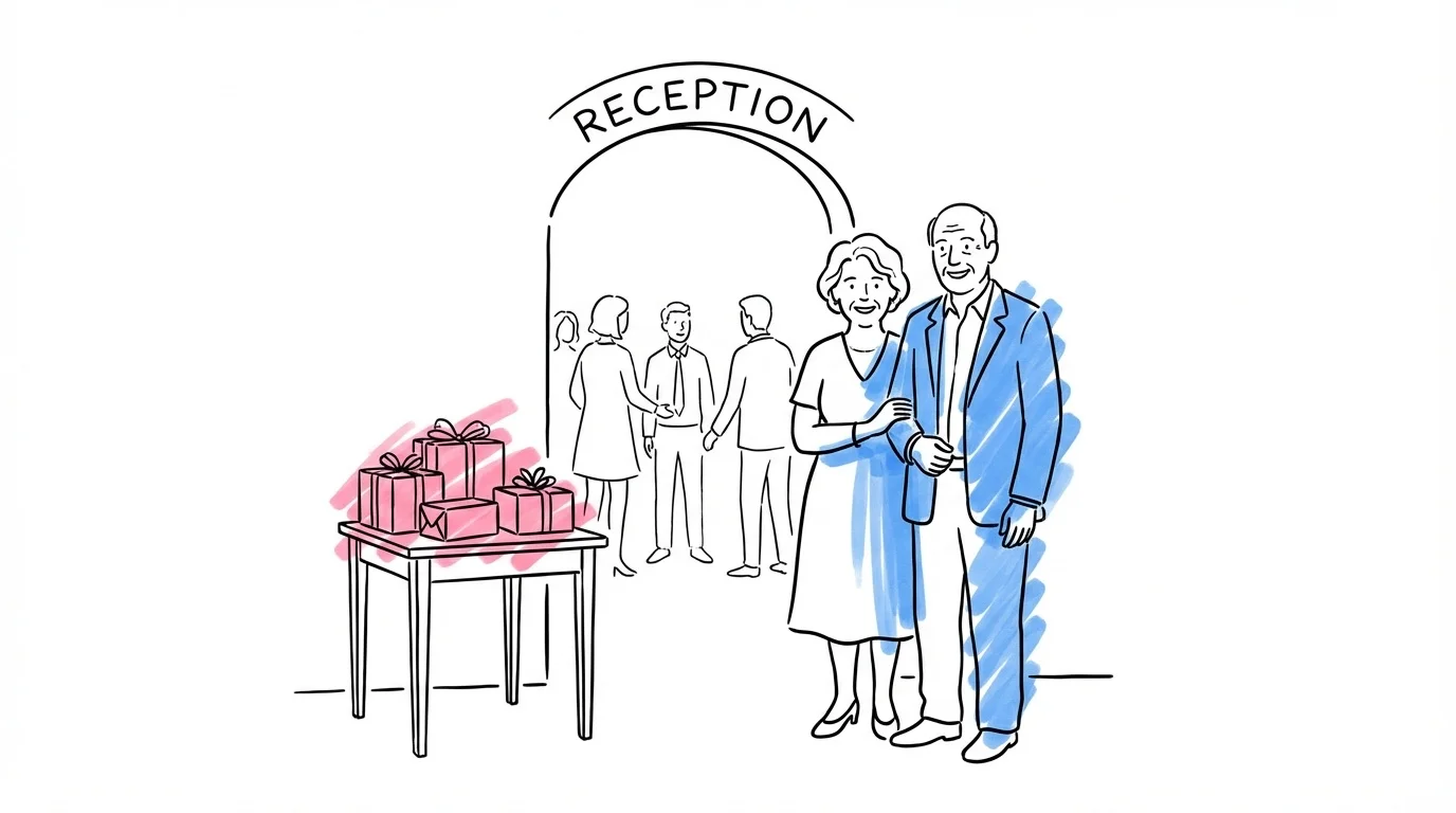Marskalker och brudtärnor på väg in till ceremonilokalen i Lovios rosa och blå illustrationsstil