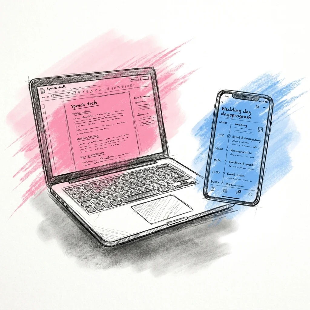 Lovios dokumentverktyg med ett talkoncept öppet på skärmen bredvid ett dagsprogram på en telefon, i Lovios rosa och blå illustrationsstil