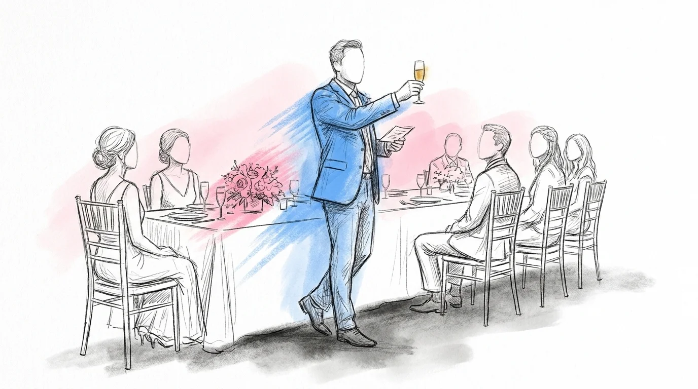 Brudgum håller brudgummens tal vid ett festligt dukat bord, höjer ett glas i en skål och håller ett litet talkort i andra handen medan gästerna vänder sig mot honom, i Lovios rosa och blå illustrationsstil